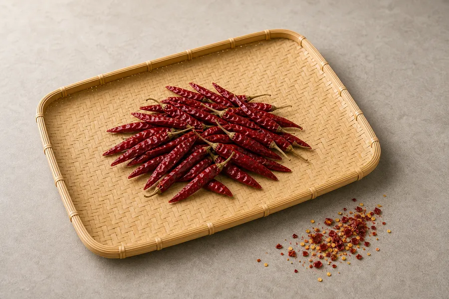 Sun-dried Andhra red chillies on a neutral surface