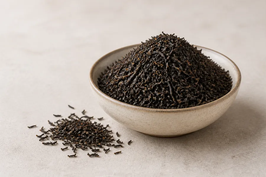 Assam tea leaves in a neutral bowl