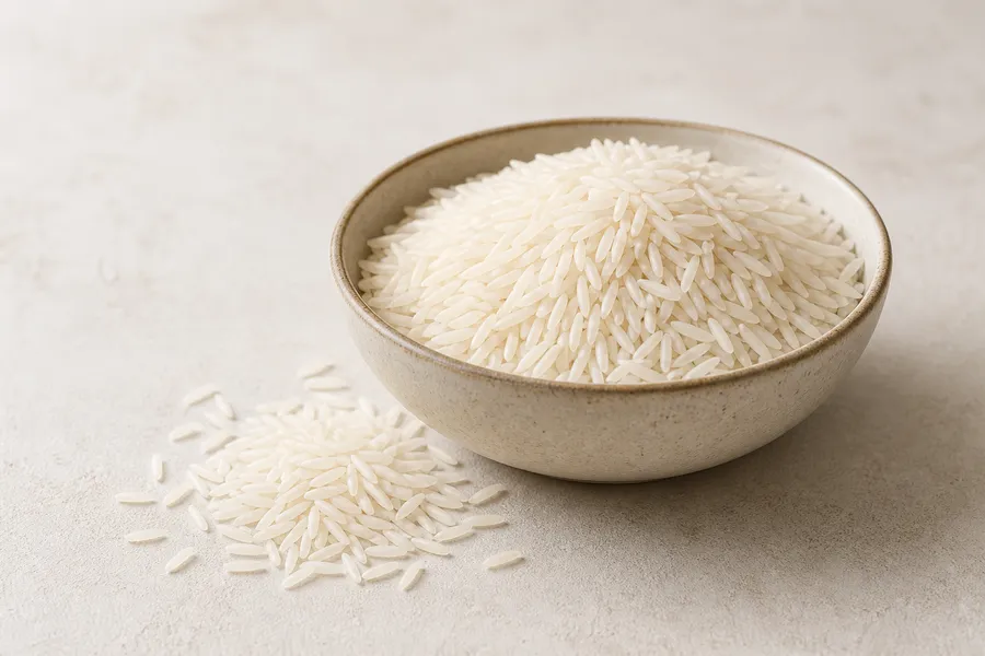 Aged basmati rice grains in a neutral bowl