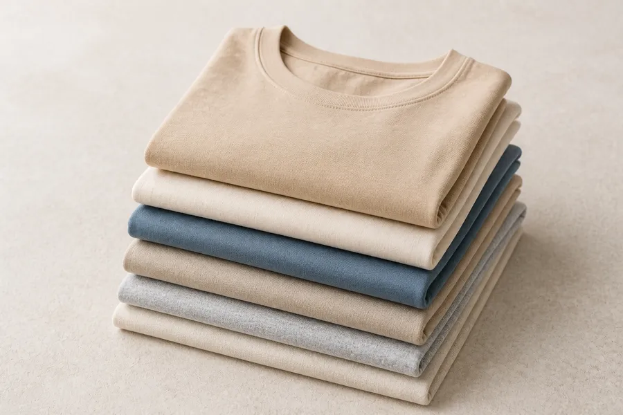Folded neutral garments on a clean surface