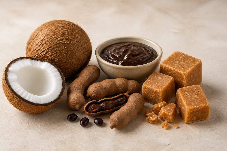 Coconut, tamarind pulp, tamarind pods, and jaggery blocks on a neutral surface