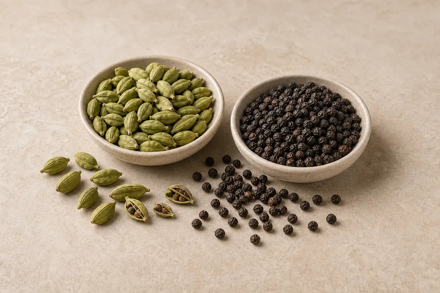 Green cardamom pods and black peppercorns in neutral dishes