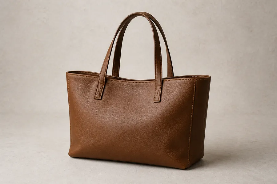Plain brown leather bag on a neutral surface