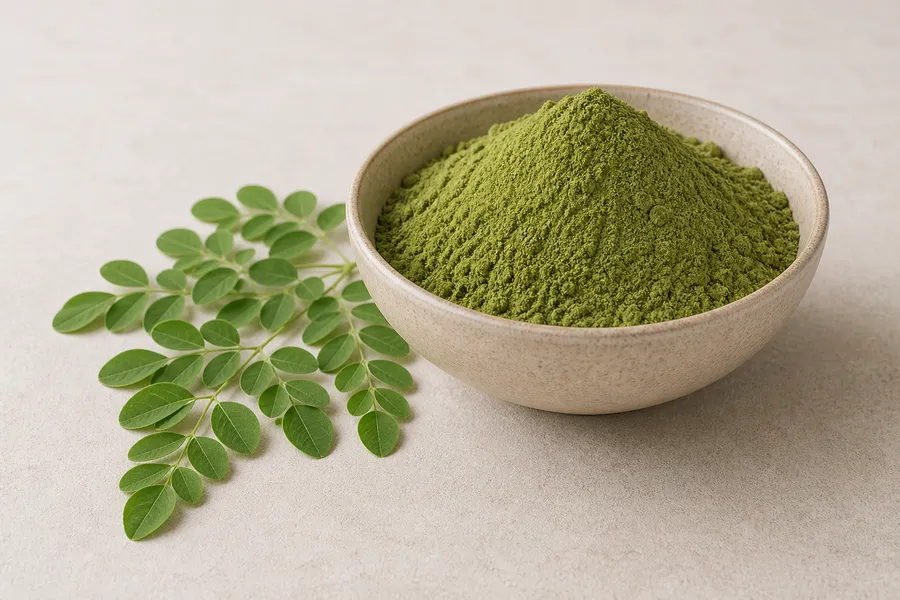 Moringa powder in a bowl with moringa leaves