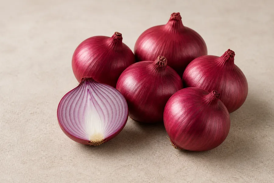 Export-grade red onions with deep pigmentation on a neutral surface