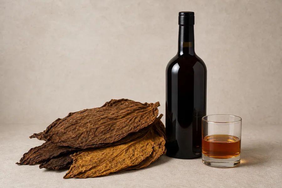 Cured tobacco leaves with an unlabelled liquor bottle and glass on a neutral surface