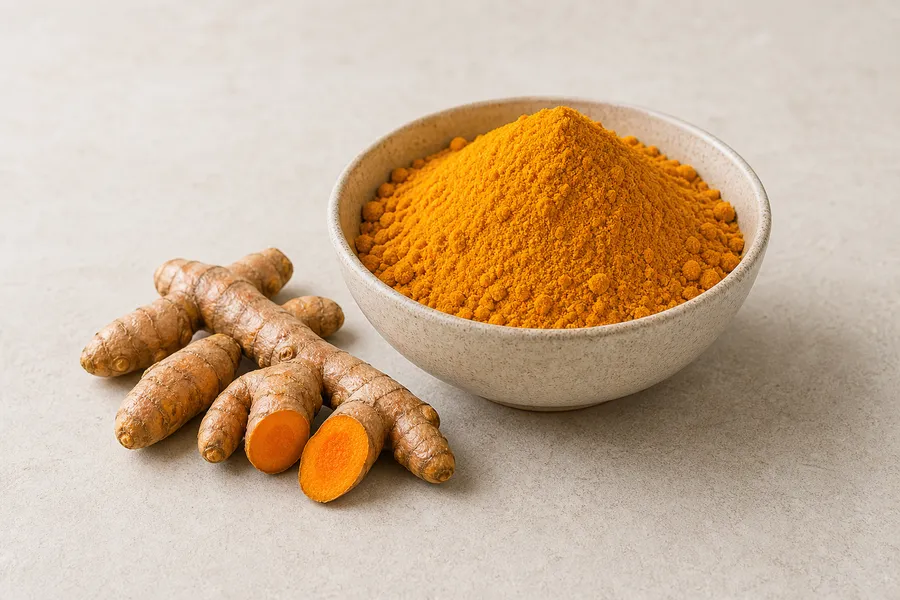 Turmeric powder and turmeric roots on a neutral surface