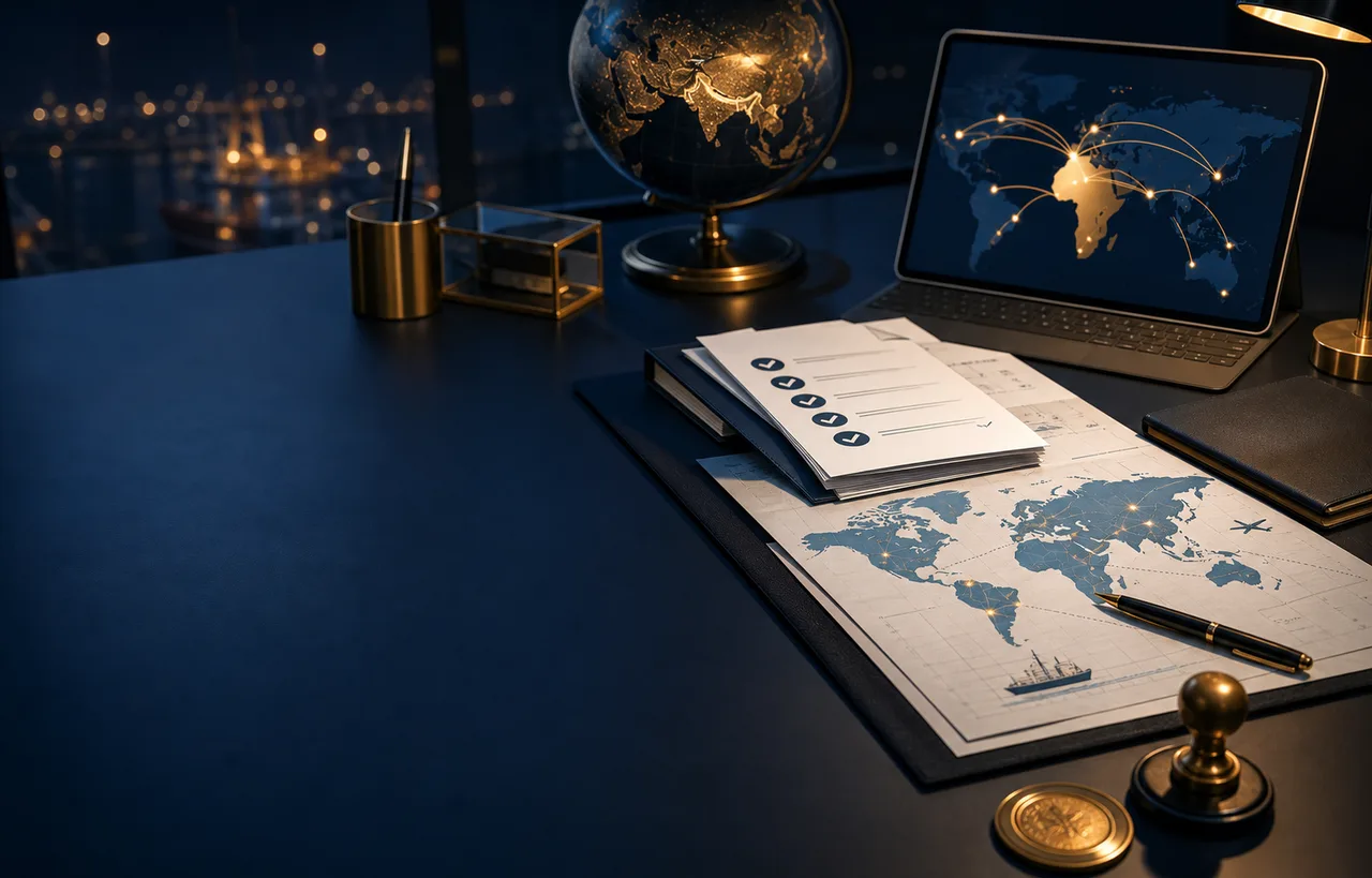 International trade documentation desk with route map, checklist, and global coordination tools