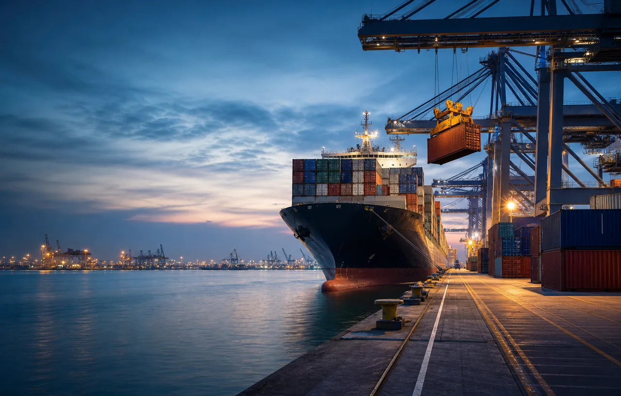 Cargo ship docked at a modern port with containers being lifted by a crane