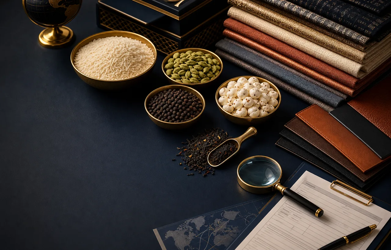 Premium export product samples including rice, spices, tea, textiles, and leather arranged on a trade desk